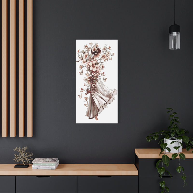 Blossoms and butterflies art on a 20″ x 40″ | 50.80 cm x 101.60 cm matte canvas print, Depth 1.25″ | 3.18 cm.