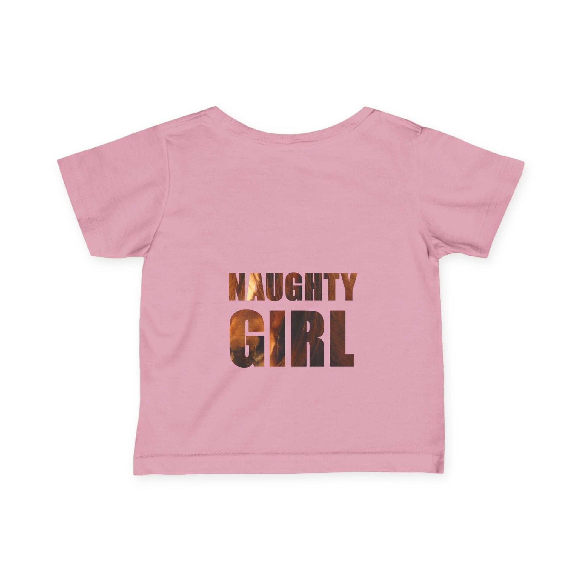 Pink infant tee with "NAUGHTY GIRL" text and horse image design.