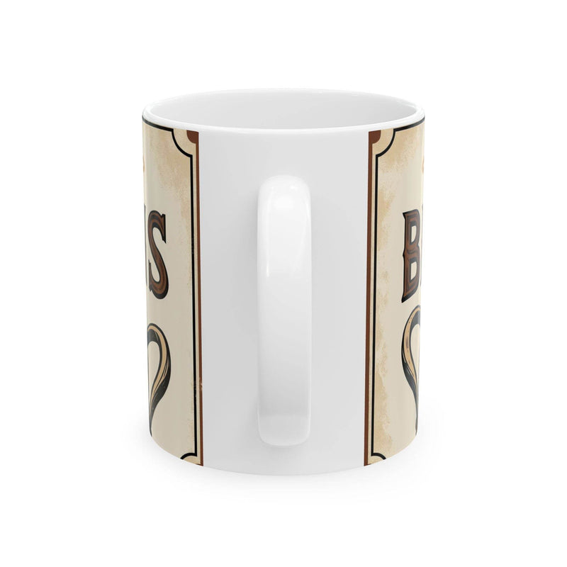 Glossy 11oz Mug - Can of Brown Beans Design, Ceramic Coffee Mug near a sunlit room window during a cozy coffee break.