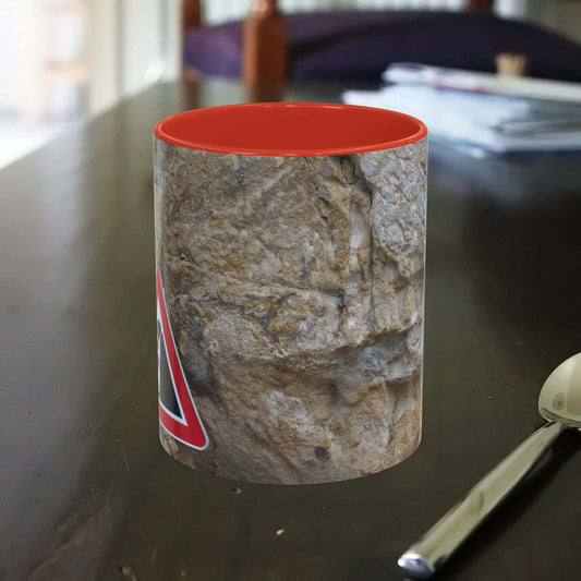 Rocky Mug with falling rocks design for mountain lovers and outdoor enthusiasts.
