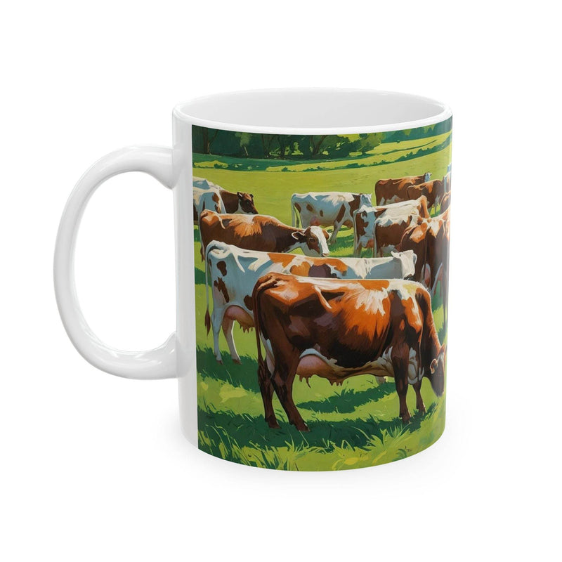 Charming 11oz ceramic Mug - Grazing Cows Ceramic Coffee Mug with countryside art on a modern wooden kitchen counter.