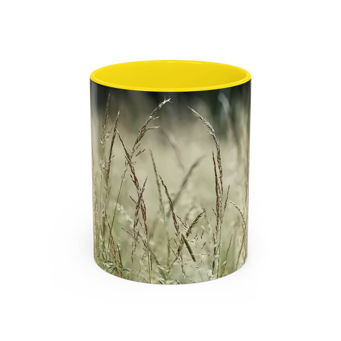 Schöner 325ml Natur-Becher mit blühendem Grasdruck, gestaltet mit einem hellen gelben Henkel und gelber Innenseite.