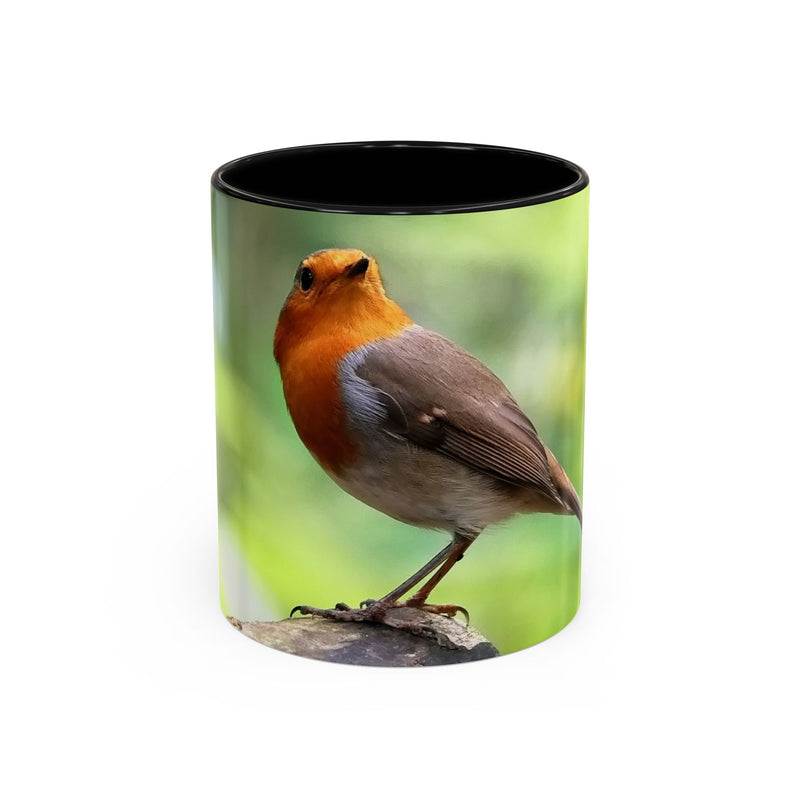 Stately Robin Ceramic Mug 325ml with Black handle and interior — bold robin portrait on white mug.