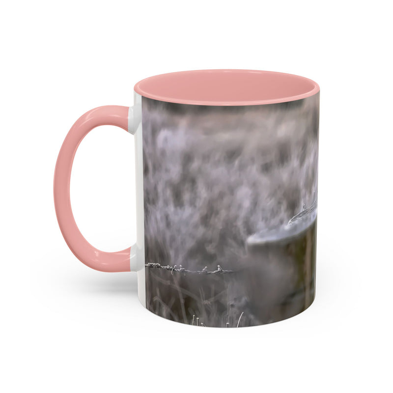 Rustic 11oz robin mug with a Pink handle and interior nature photography.