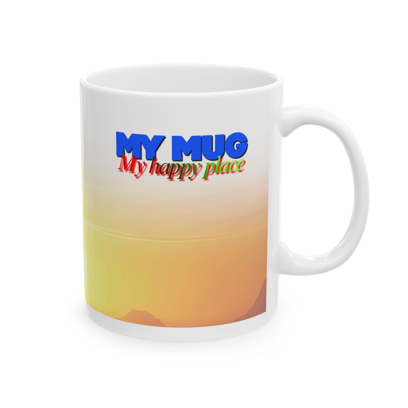 Glossy 11oz My Mug 'My Happy Place' Ceramic Coffee Mug — Midnight Sun Scenic near a sunlit room window for slow mornings.