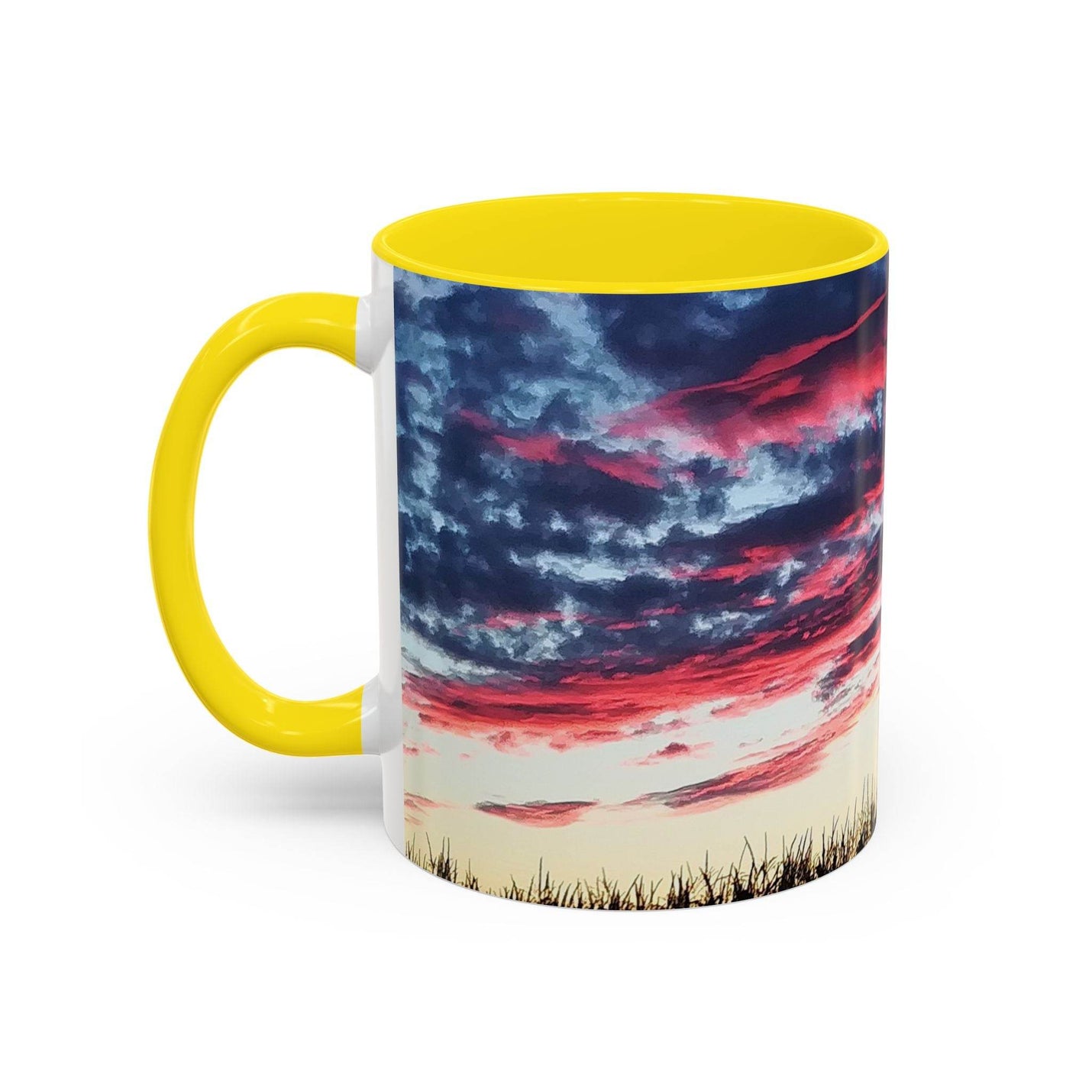 Cozy lifestyle view of 11oz Sunset Accent Coffee Mug styled with a yellow handle and yellow inside.