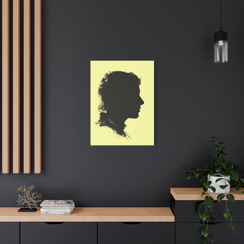 Silhouette Portrait Canvas Print — Vintage Black Profile on Soft Yellow Matte