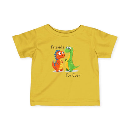 Infant yellow tee featuring cute dinosaur friends graphic and "Friends Forever" text.