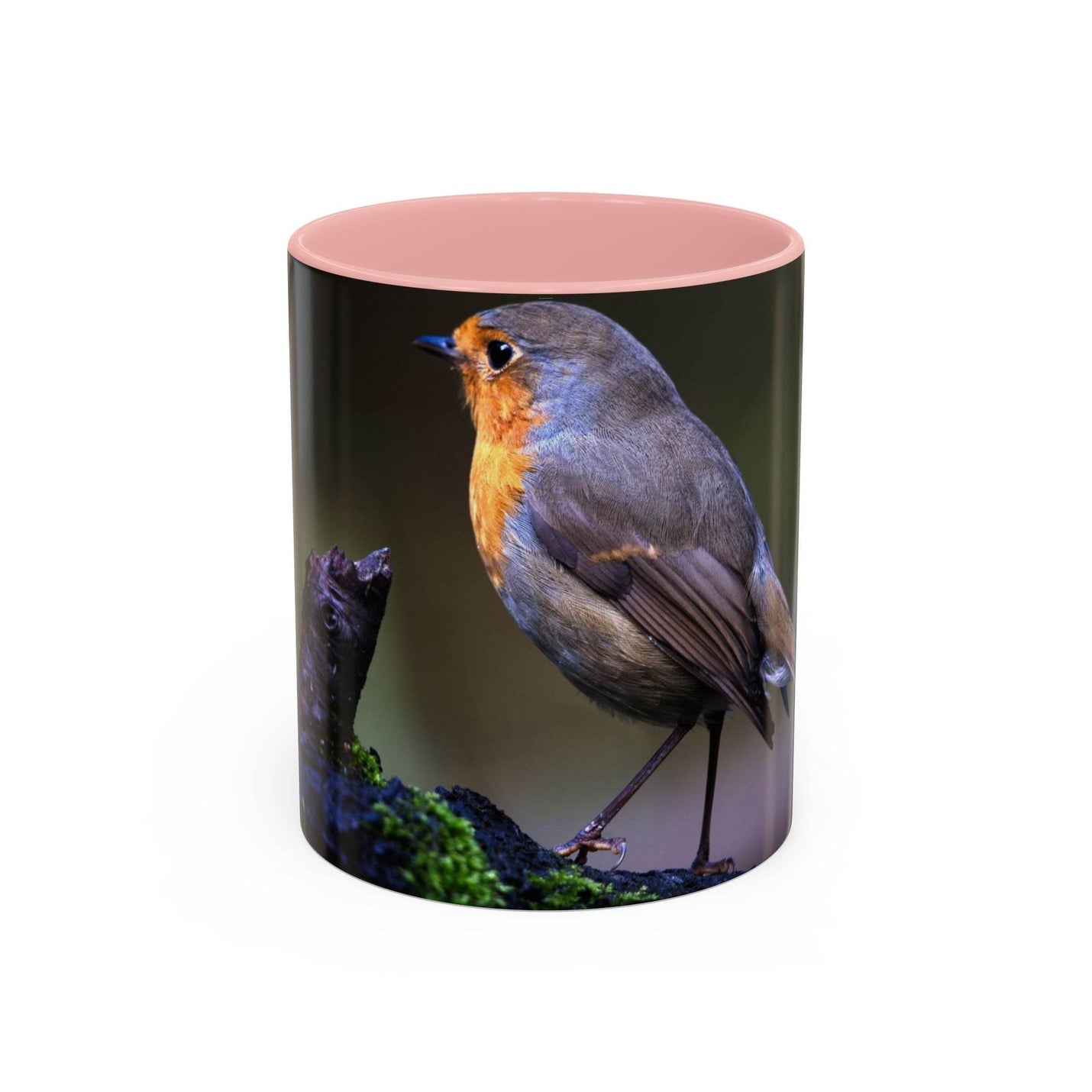 11oz robin coffee mug with a pink handle and pink inside, a beautiful nature gift for bird lovers.