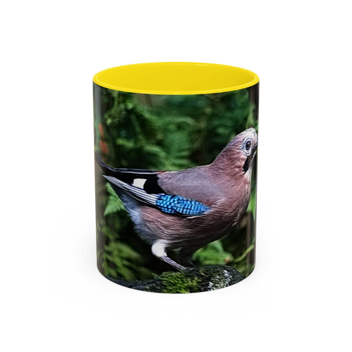 11oz colorful jay coffee mug with a yellow handle and yellow inside.