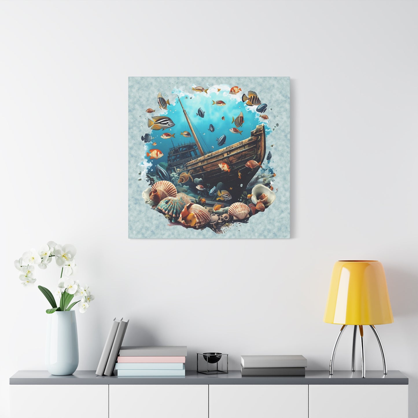 Sunken Ship Ocean Canvas Wall Art — Underwater Fish & Seashell Print