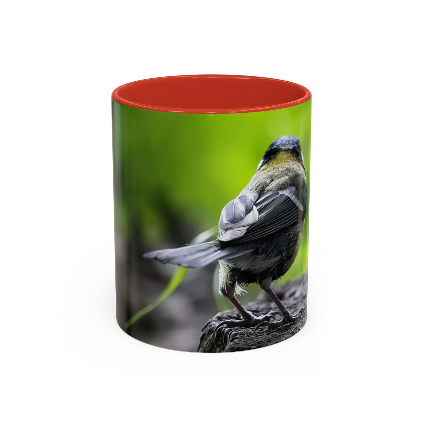 Ceramic 325ml bird photography accent coffee mug with a red handle and red inside.