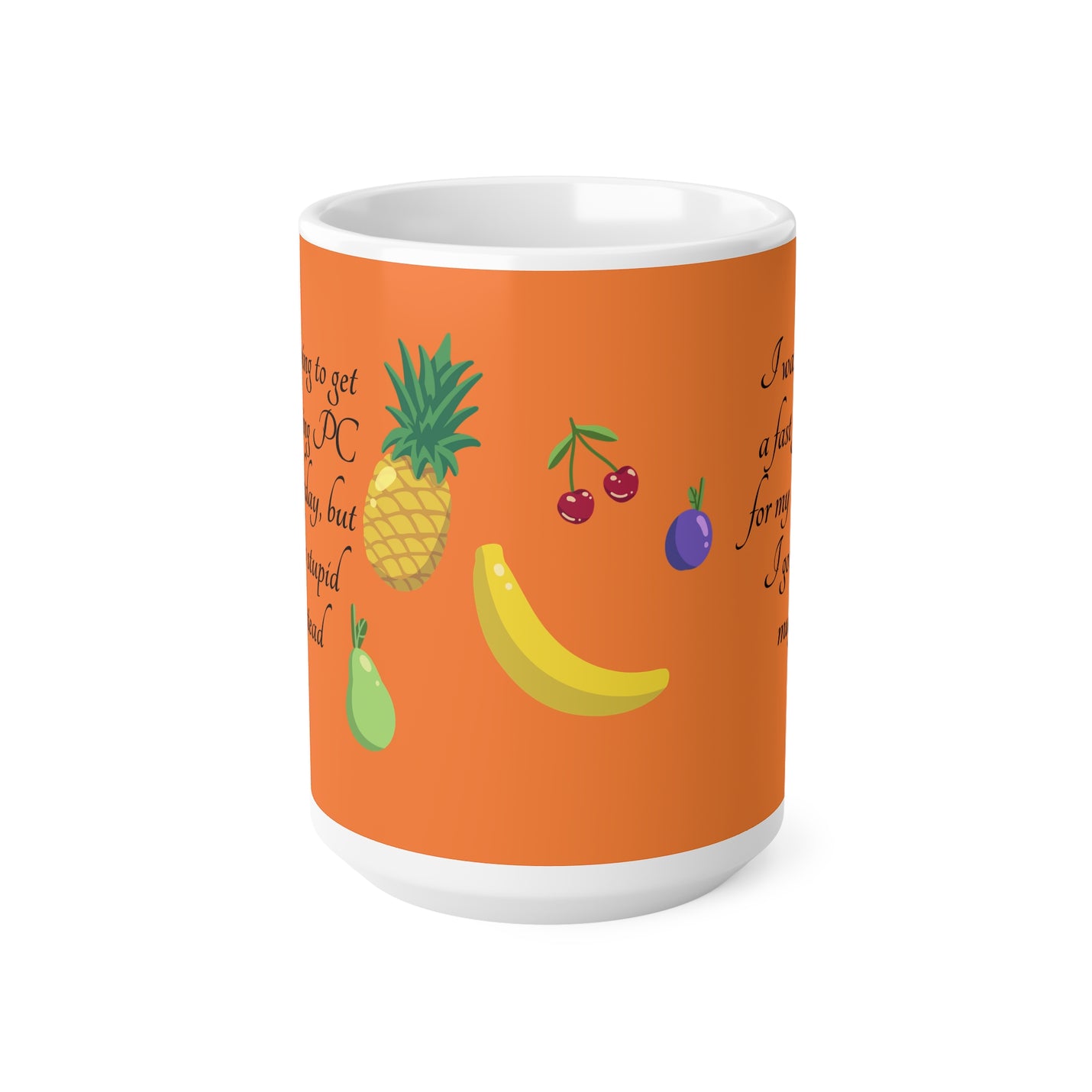 Großer 440ml Keramikbecher zum Geburtstag mit einem humorvollen Text im Gamer-Stil und bunten Frucht-Symbolen.