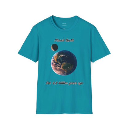 Eco-friendly Planet Earth Graphic T-Shirt for nature lovers, blue with Earth and moon design.