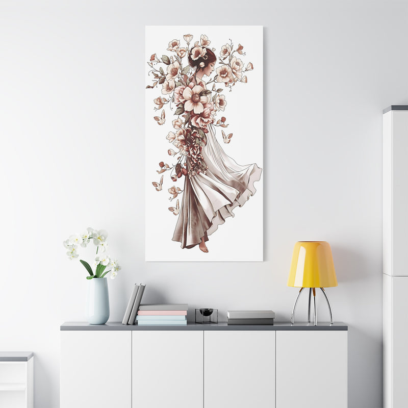 Poetic sepia dancer woven from flowers: 30″ x 60″ | 76.20 cm x 152.40 cm canvas print with Depth 1.25″ | 3.18 cm.