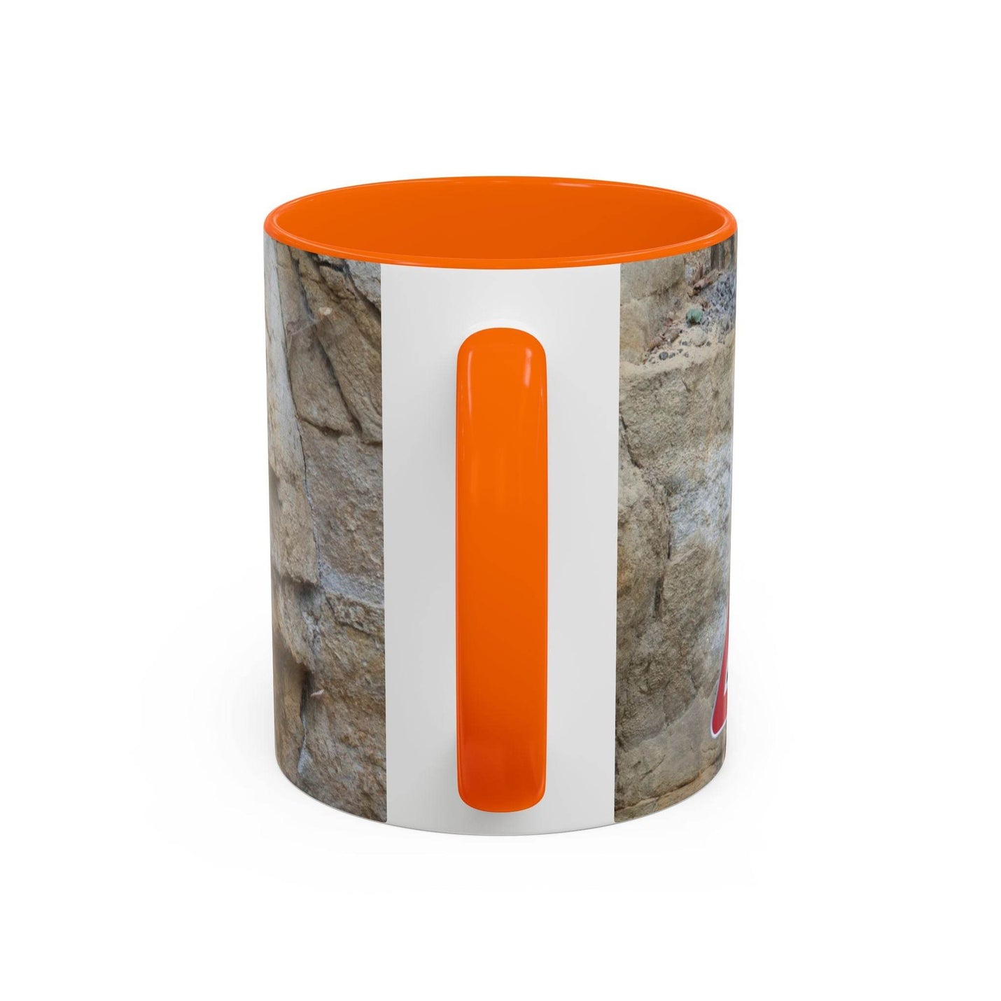 Langlebiger 325ml Bergsteiger Keramik-Becher für Outdoor-Fans, komplett mit einem stabilen orangen Henkel und oranger Innenseite.