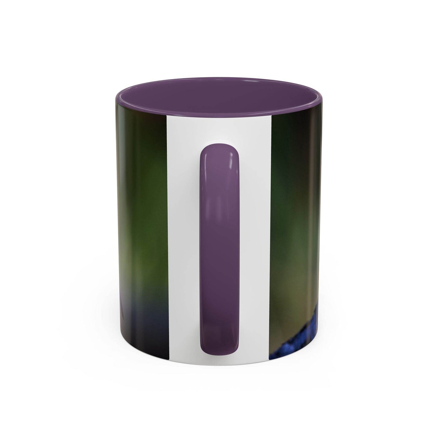 Robin bird themed 11oz coffee mug with a stylish purple handle and solid purple inside, ideal nature gift.