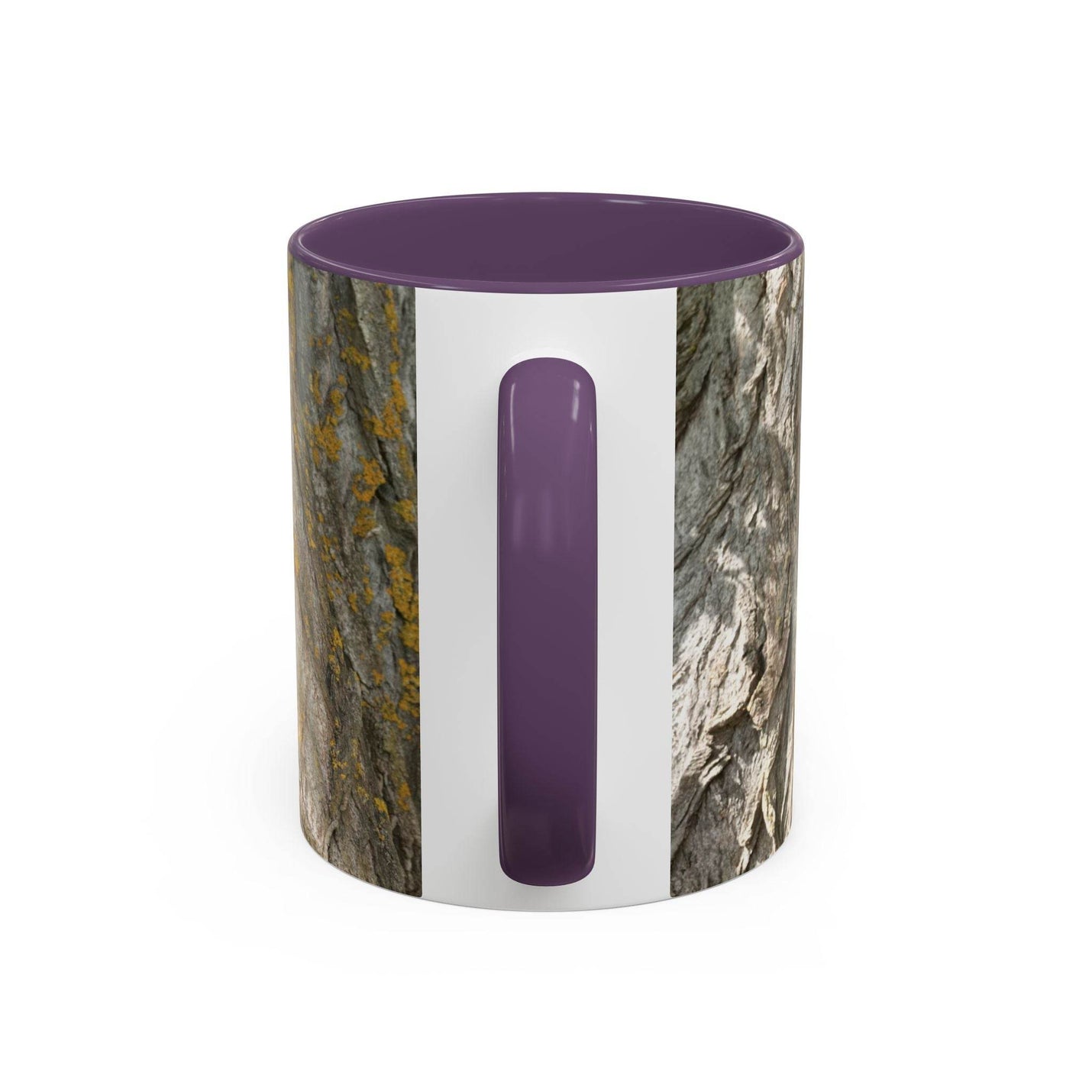 325ml Becher für Naturbegeisterte mit einem urigen Baumstamm-Design sowie einem lila Henkel und lila Innenraum.