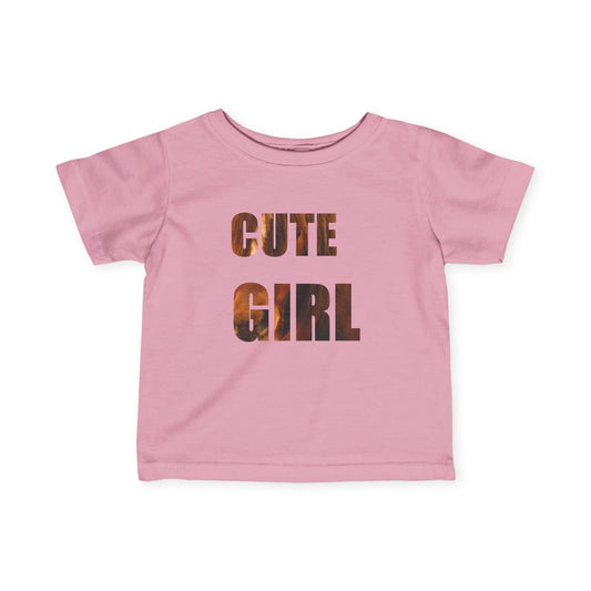 Infant tee with "Cute Girl" text featuring horse image, pink color, playful design.