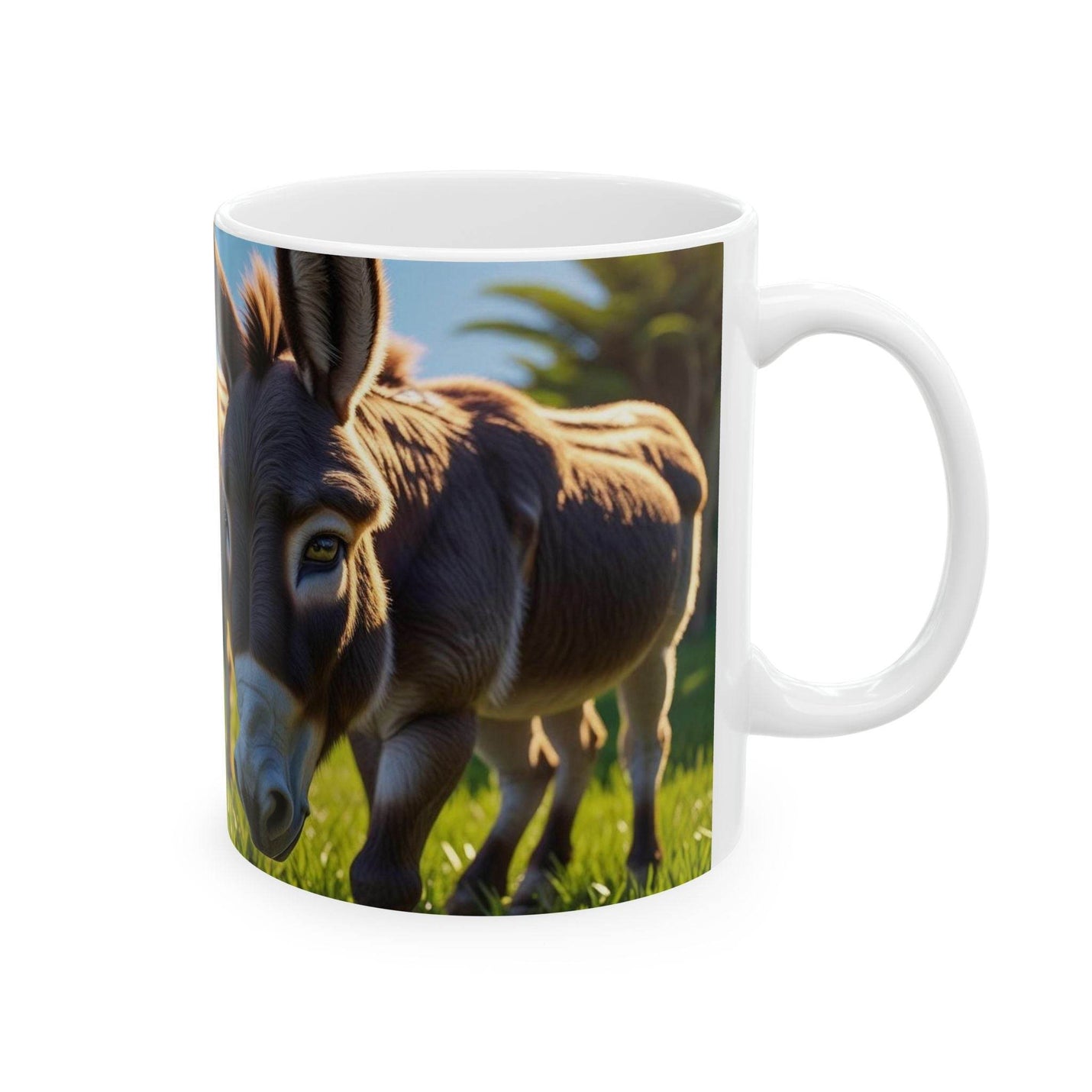 Premium 11oz farm themed Mug with cute donkeys - Coffee Mug filled with warm morning tea on a rustic dining table.