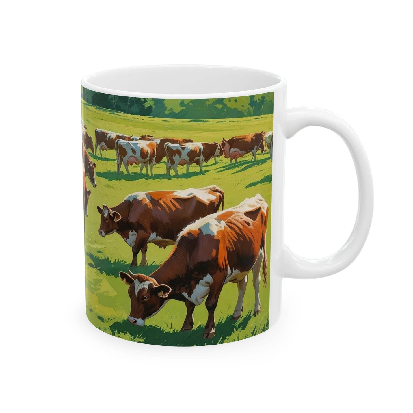 Premium 11oz cow themed Mug - Grazing Cows Ceramic Coffee Mug filled with warm tea on a rustic wooden dining table.