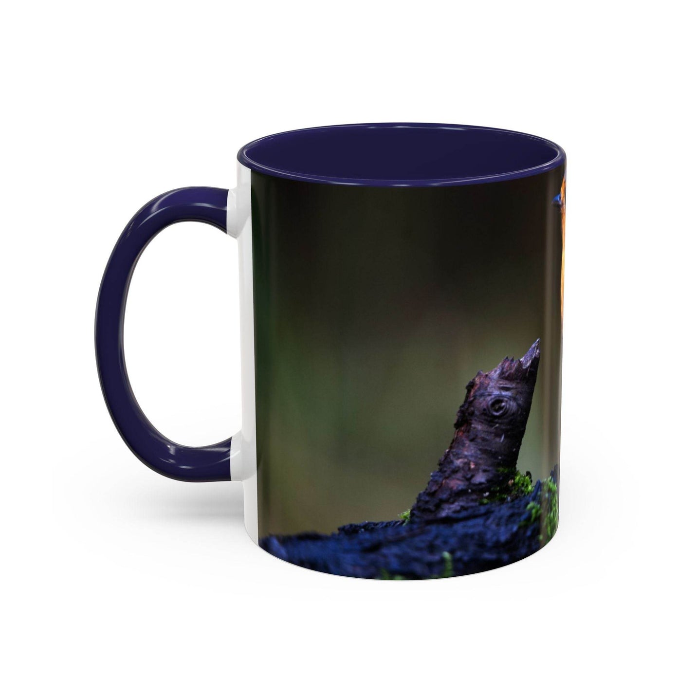 Premium 11oz white ceramic coffee mug with a robin nature design, a navy handle and matching navy inside.