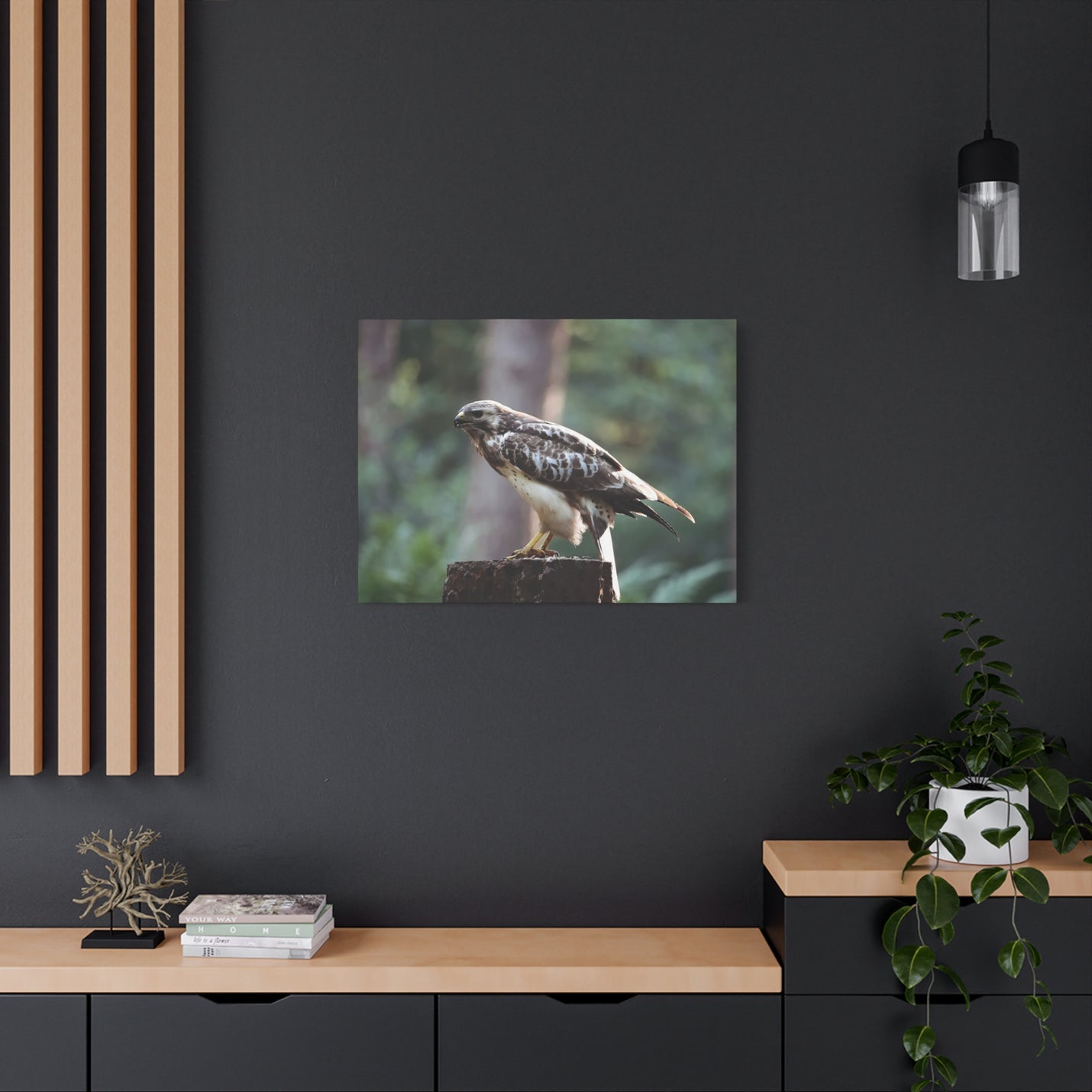 Contemplative 32″ x 24″ | 81.28 cm x 60.96 cm forest bird photography wall art on 1.25″ | 3.18 cm deep matte canvas.