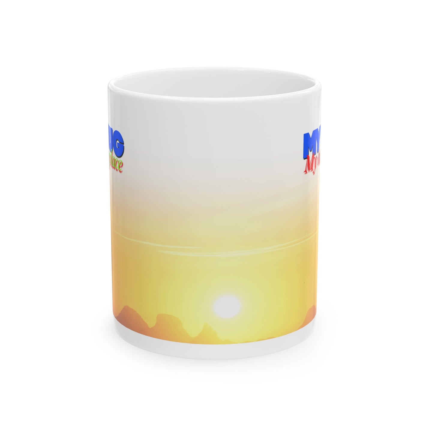 Vibrant 11oz My Mug 'My Happy Place' Ceramic Coffee Mug — Midnight Sun Scenic standing right next to green botanical plants.