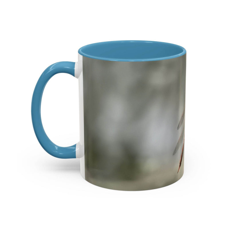 Glossy 325ml dragonfly coffee cup printed with high-quality ink, finished with a light blue handle and solid light blue inside.
