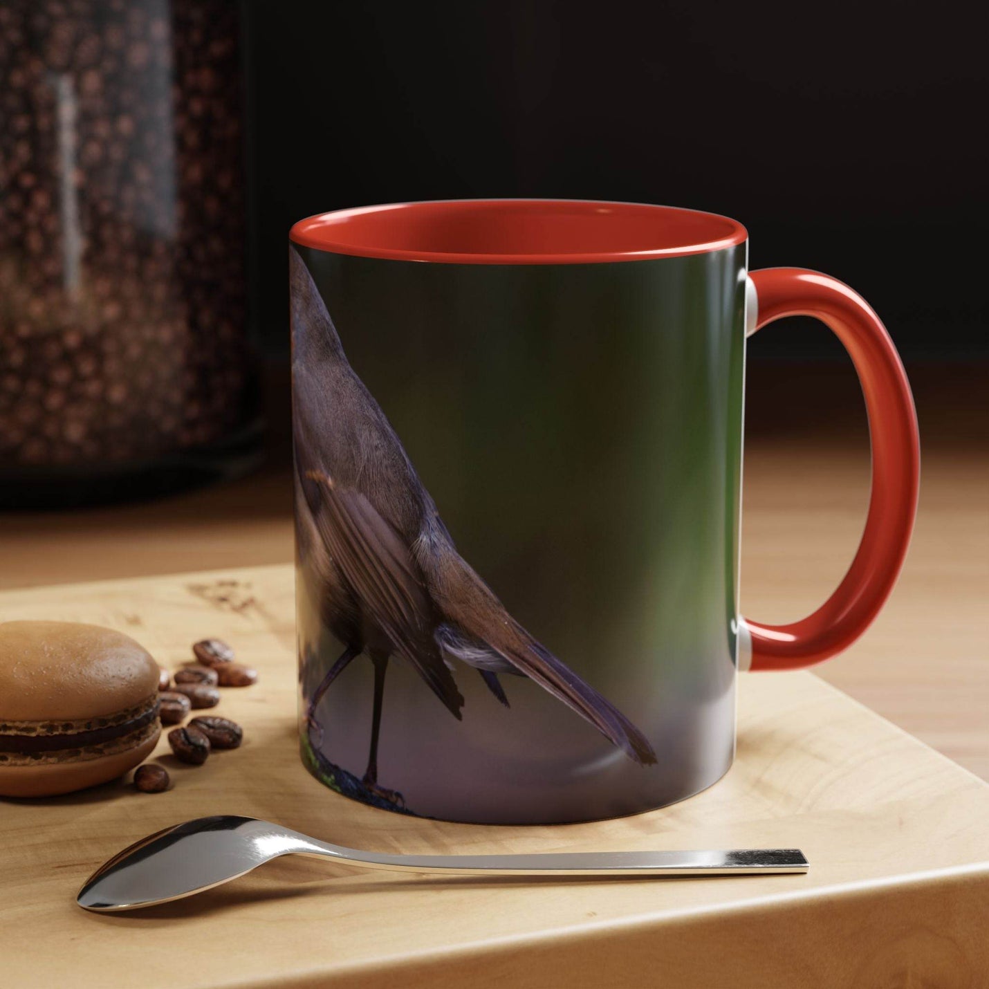 Elegant 11oz ceramic robin mug showcasing a red handle and red inside, designed for passionate bird lovers.