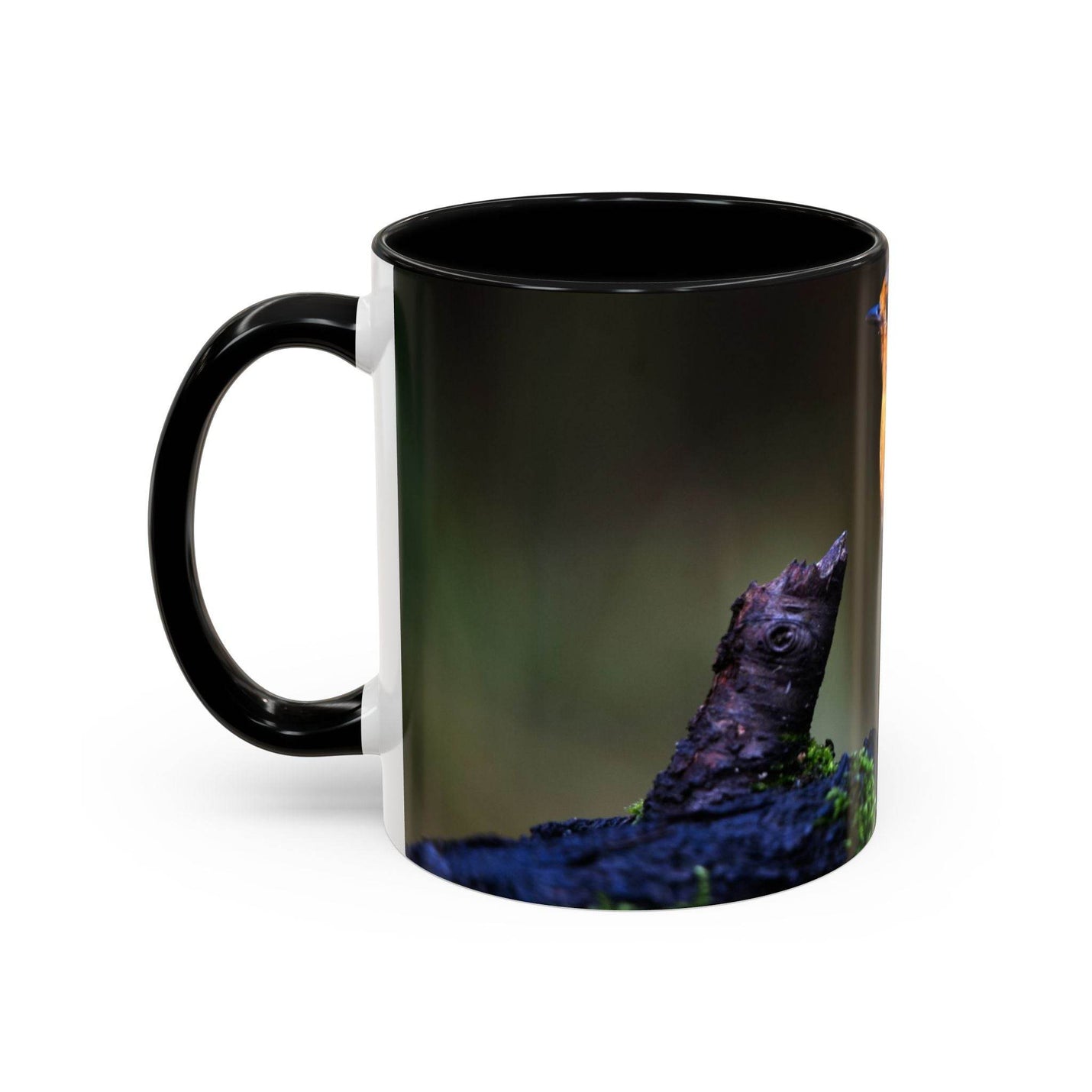 Premium 11oz white ceramic coffee mug with a robin nature design, a black handle and matching black inside.