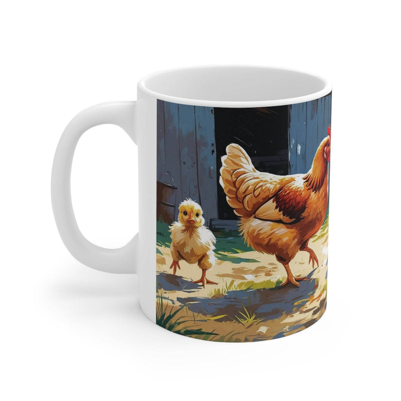 Charming 325ml ceramic coffee mug featuring a whimsical design of a chicken with cute little chicks for animal lovers.