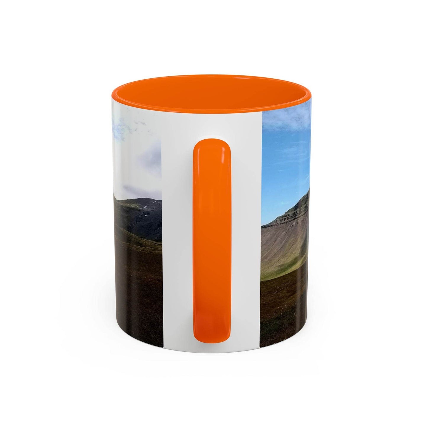 Modern 11oz Coffee Mug - Iceland Scenery for tea, featuring an orange handle and orange inside.