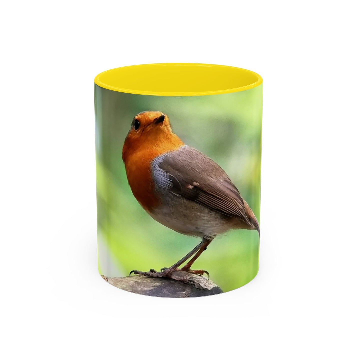 Stately Robin Ceramic Mug 325ml with Yellow handle and interior — bright yellow accents on robin mug.