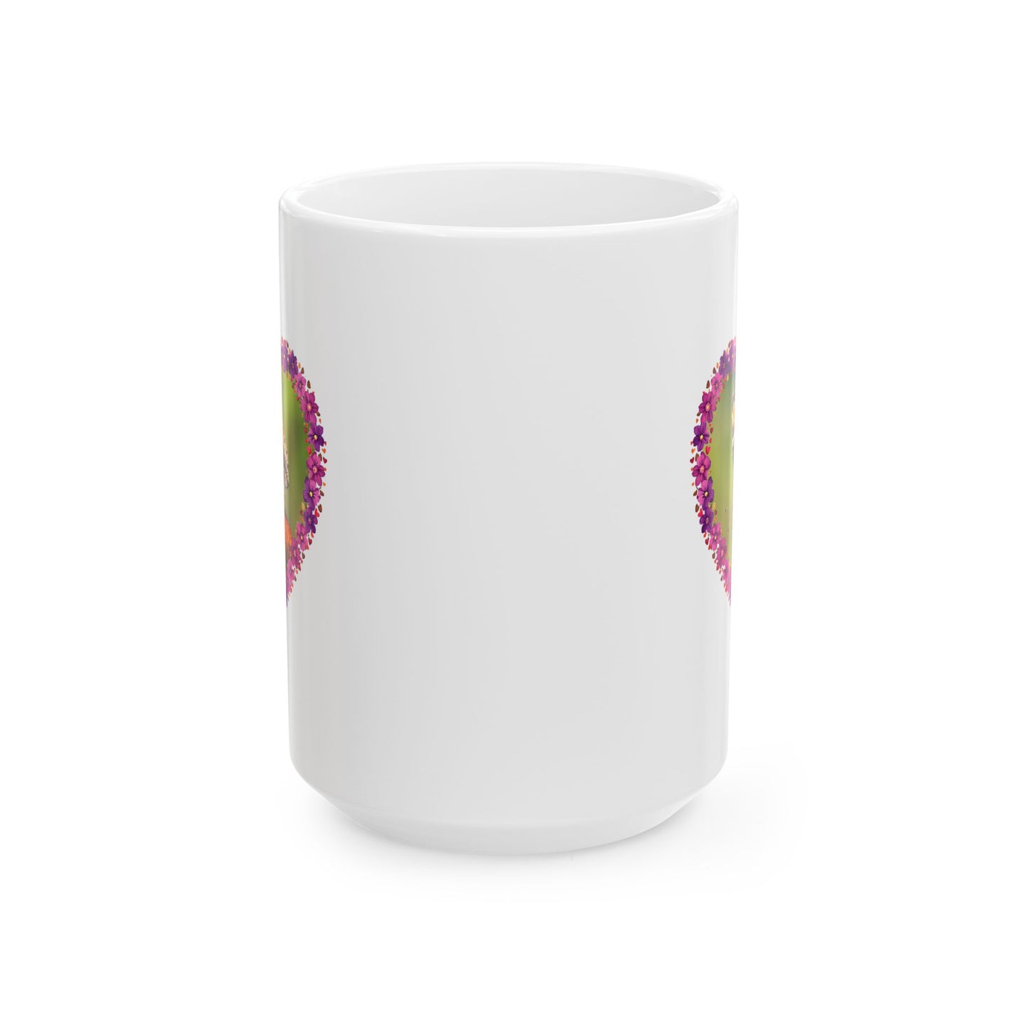 Premium 15oz Heart Flower Frame Butterfly Ceramic Mug held by hands in a bright morning kitchen setup.