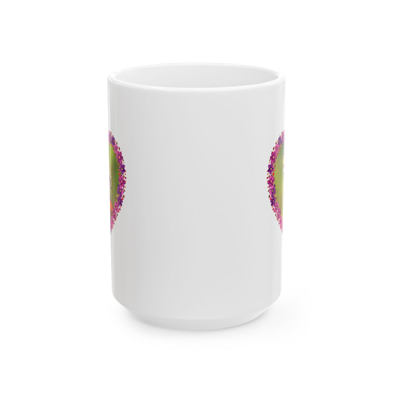 Premium 15oz Heart Flower Frame Butterfly Ceramic Mug held by hands in a bright morning kitchen setup.