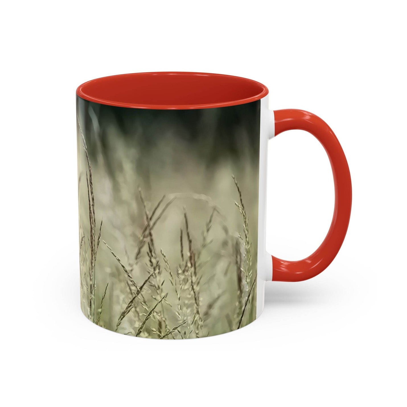 Ruhiger 325ml Keramik-Becher mit blühendem Gras, ideales Geschenk mit einem leuchtend roten Henkel und roter Innenseite.
