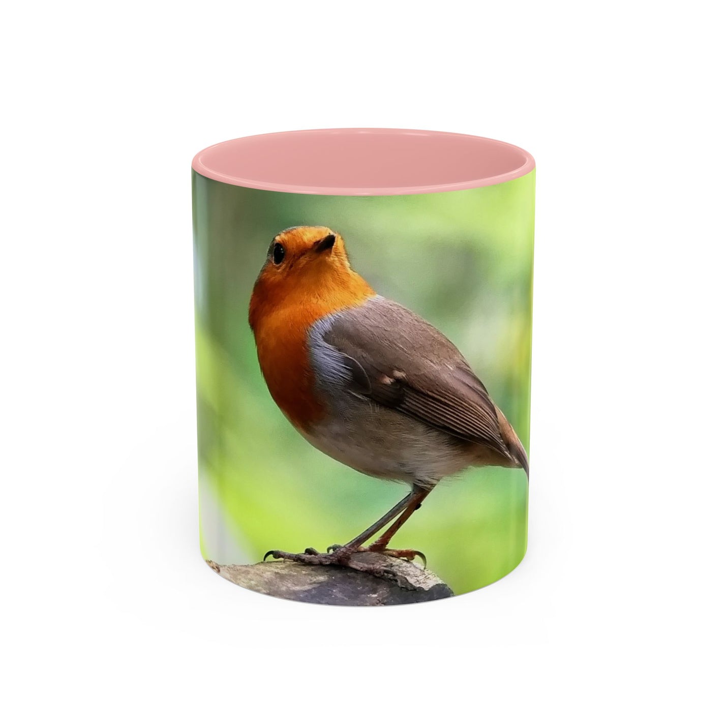 Stately Robin Ceramic Mug 325ml with Pink handle and interior — robin photo with vibrant pink trim.
