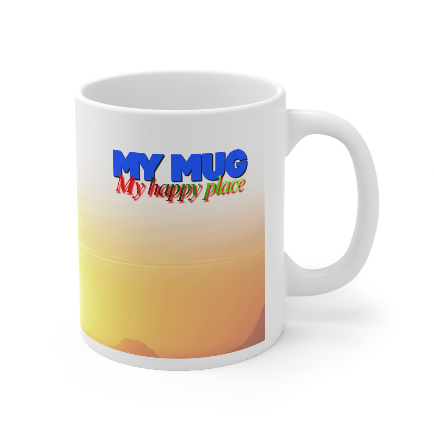 Gemütlicher 325ml Keramik-Becher mit My Happy Place Design und einem sonnigen goldenen Horizont für den Alltag.