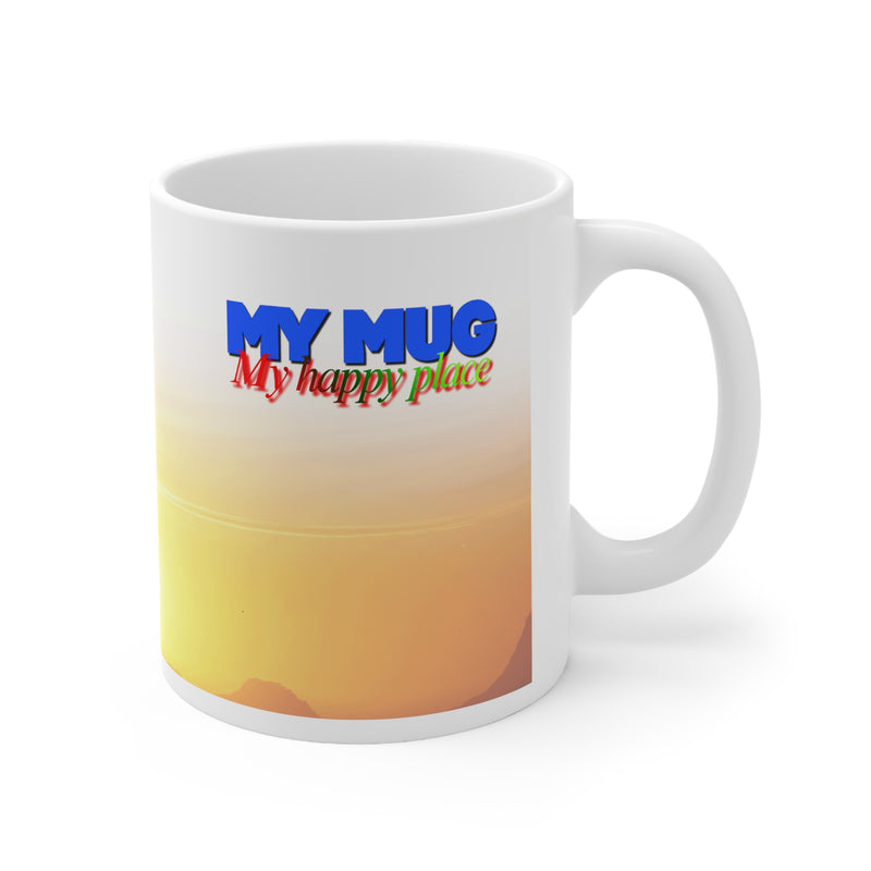Gemütlicher 325ml Keramik-Becher mit My Happy Place Design und einem sonnigen goldenen Horizont für den Alltag.