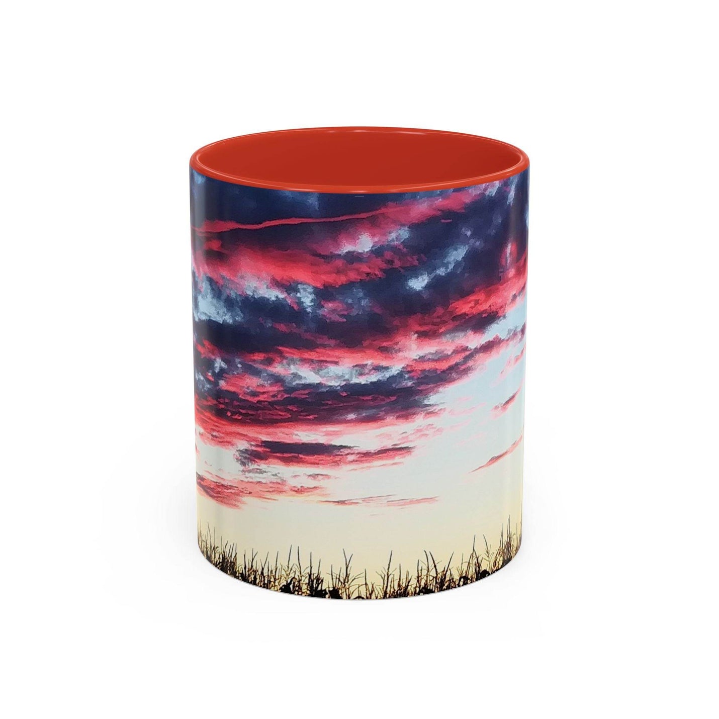 Künstlerischer 325ml Kaffeebecher mit Sonnenuntergangs-Akzent, gestaltet mit einem roten Henkel und roter Innenseite.