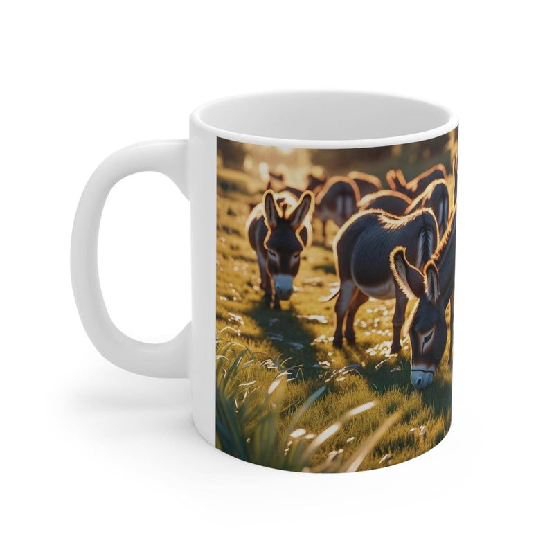 Charmanter 325ml Keramik-Kaffeebecher mit einem fröhlichen Motiv grasender Esel, ideal für Bauernhof- und Tierfans.