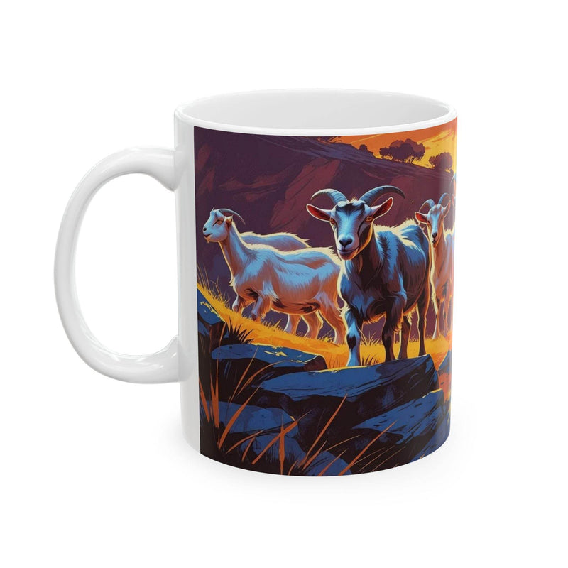 Serene 11oz ceramic Mug Goats in the Mountains Ceramic Coffee Mug showing mountain goats on a modern wooden kitchen counter.