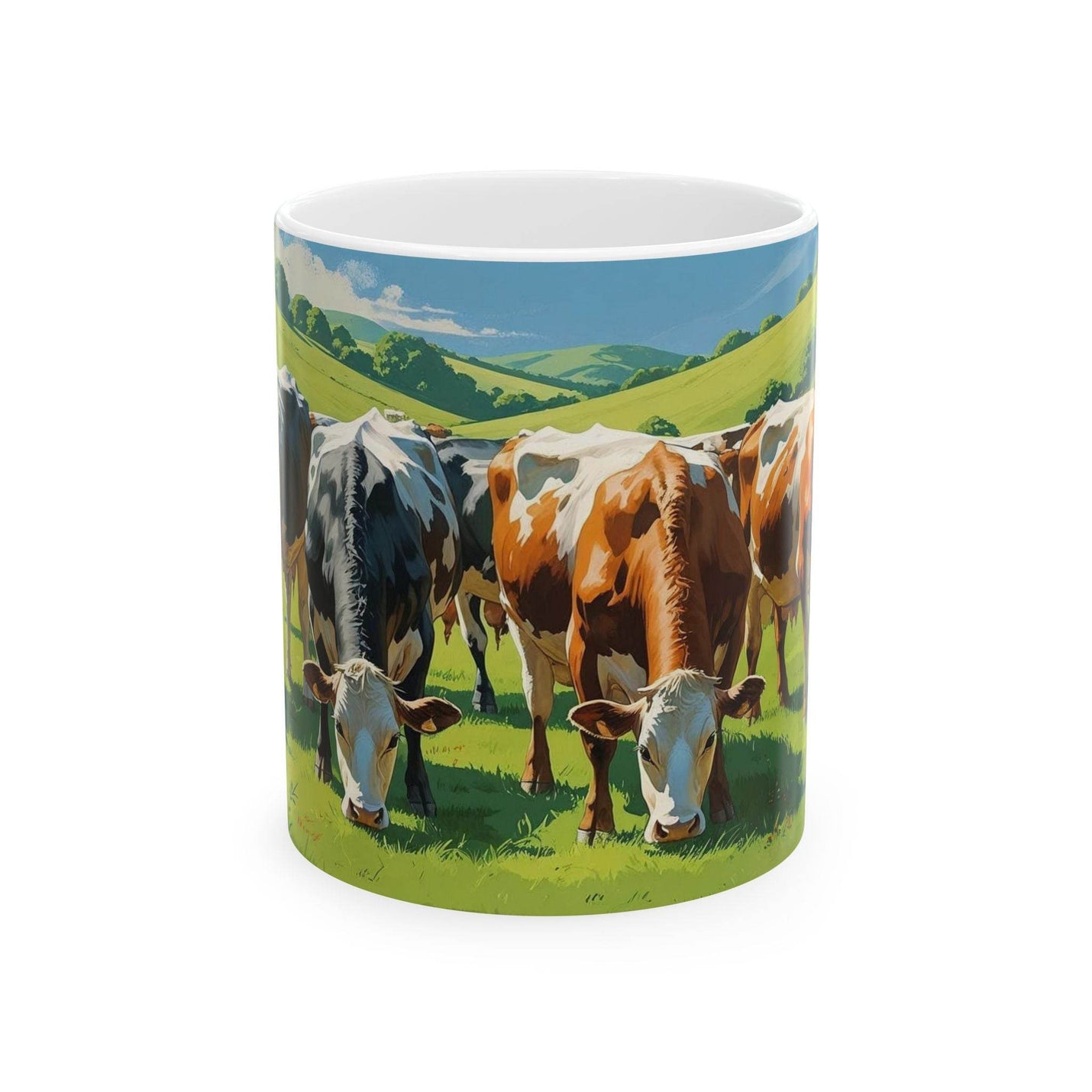 Rustic 11oz alpine themed Mug - Grazing Cows on Mountain Pasture Ceramic Coffee Mug standing next to green indoor plants.