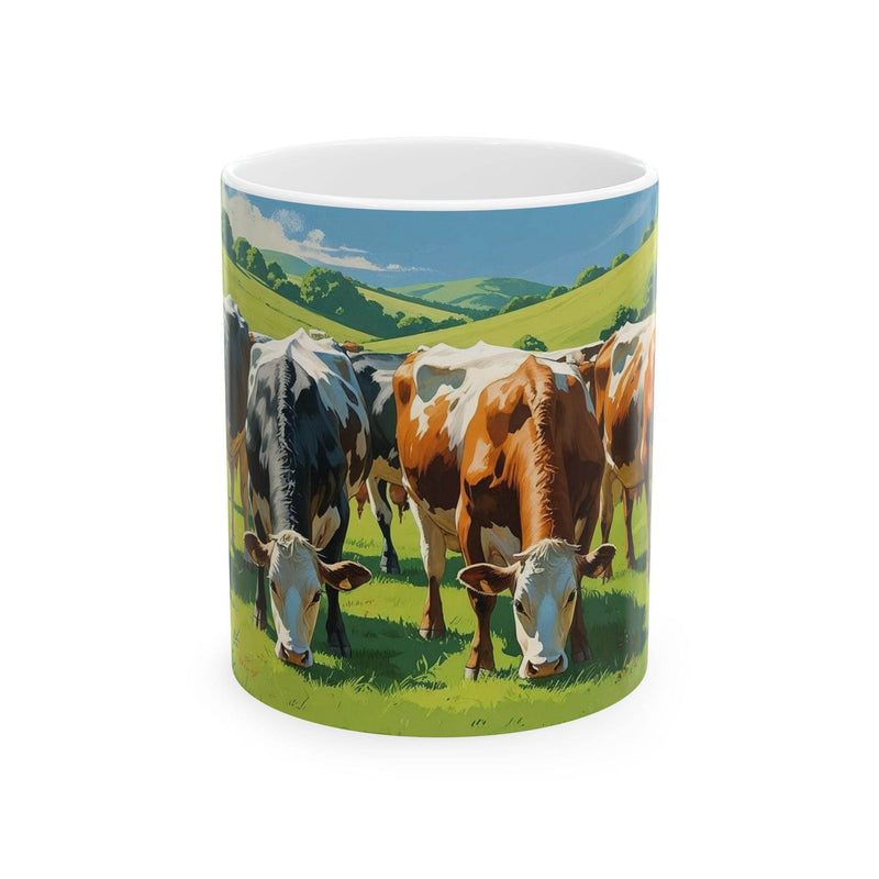 Rustic 11oz alpine themed Mug - Grazing Cows on Mountain Pasture Ceramic Coffee Mug standing next to green indoor plants.