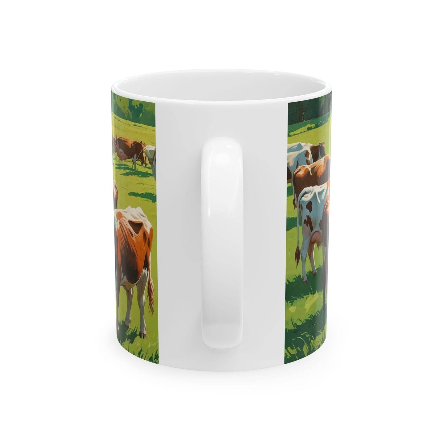 Cozy lifestyle view of a 11oz Mug - Grazing Cows Ceramic Coffee Mug near a bright window during a relaxed coffee break.
