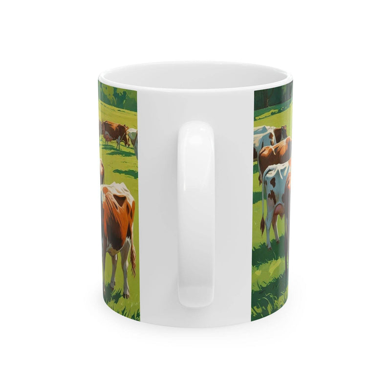 Cozy lifestyle view of a 11oz Mug - Grazing Cows Ceramic Coffee Mug near a bright window during a relaxed coffee break.