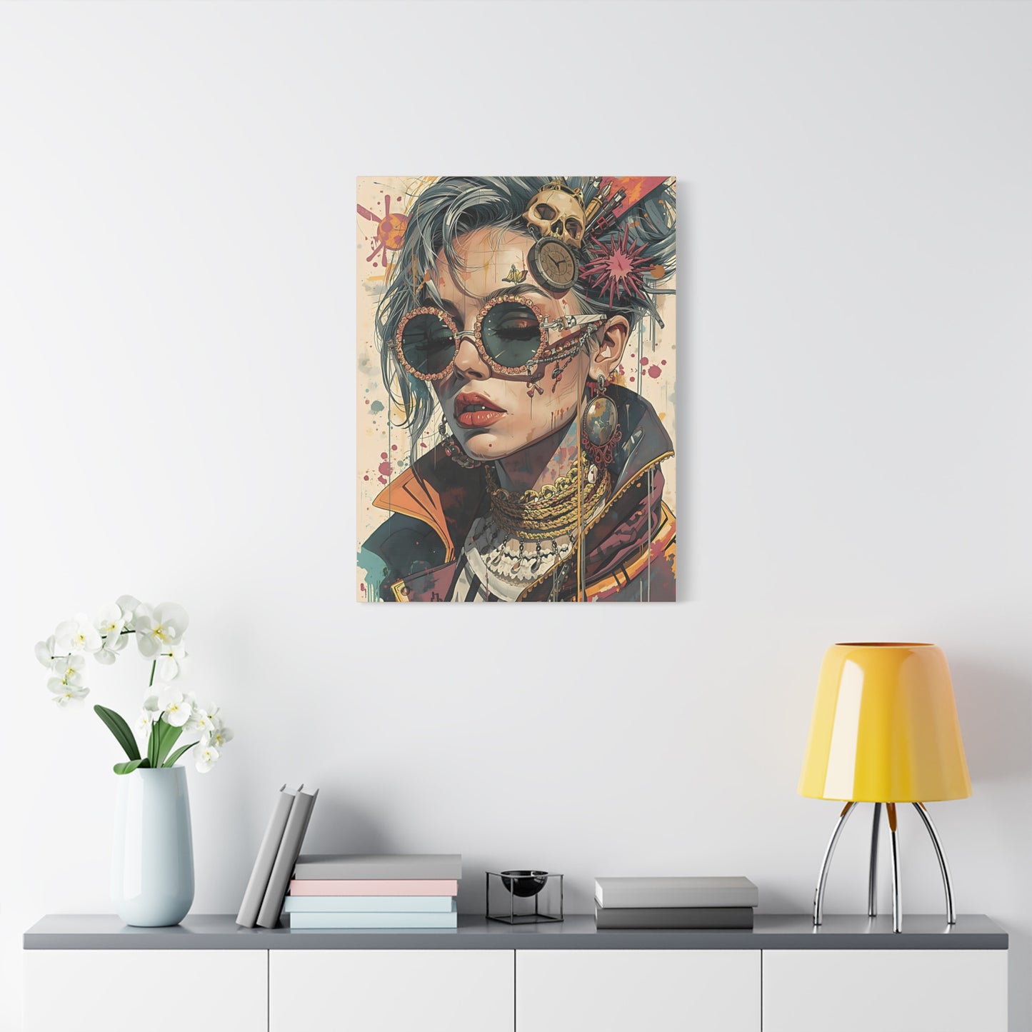 Steampunk Portrait Matte Canvas Art – Edgy Sunglassed Woman Wall Decor