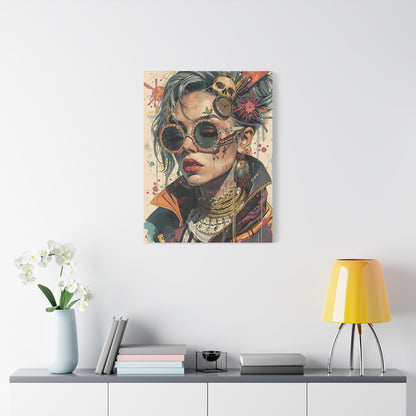 Steampunk Portrait Matte Canvas Art – Edgy Sunglassed Woman Wall Decor