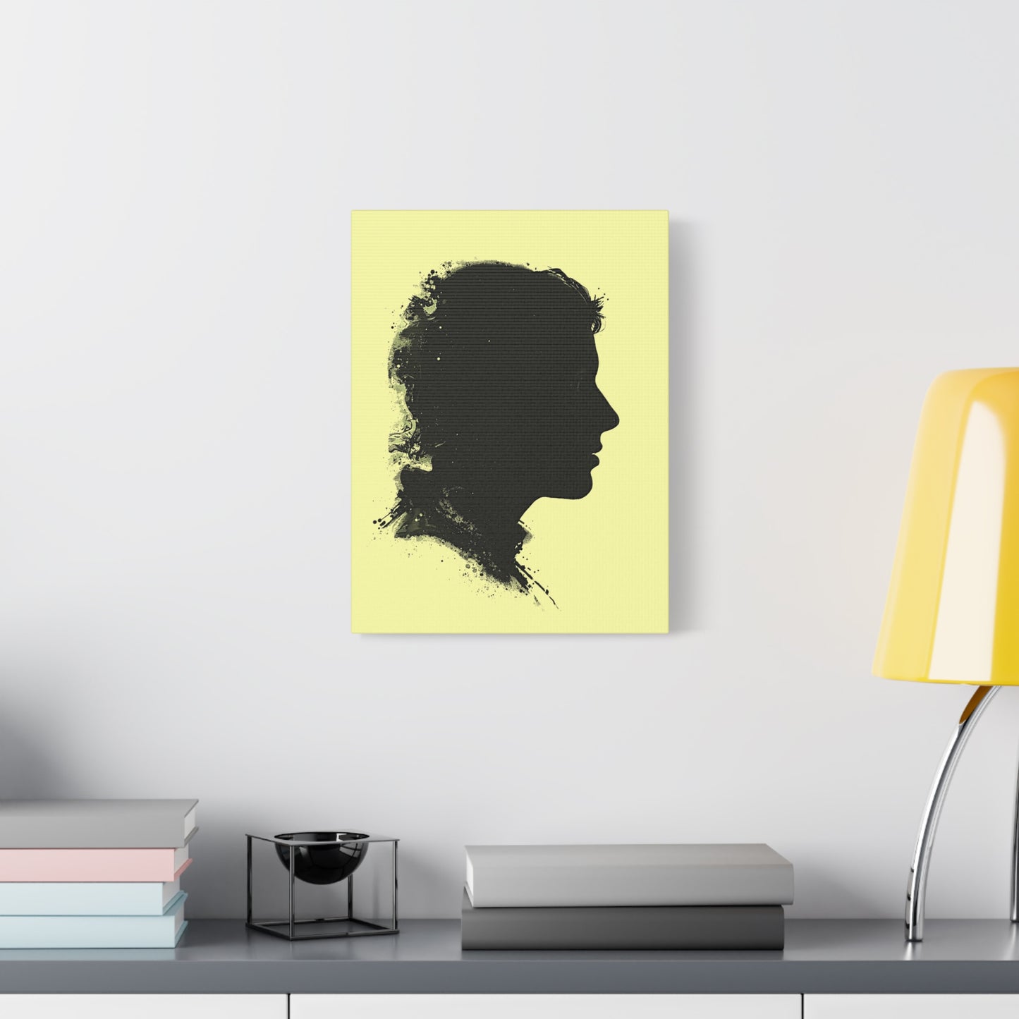 Silhouette Portrait Canvas Print — Vintage Black Profile on Soft Yellow Matte